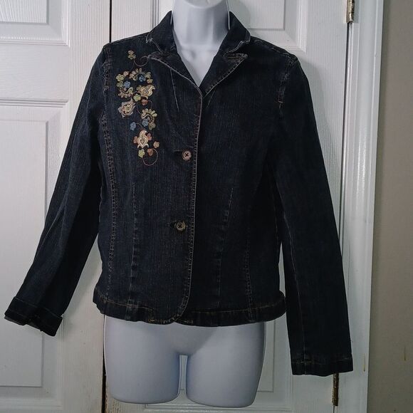 Casual Corner Annex Petite Stretch Denim floral embroidered jean jacket Sz M - Picture 1 of 6
